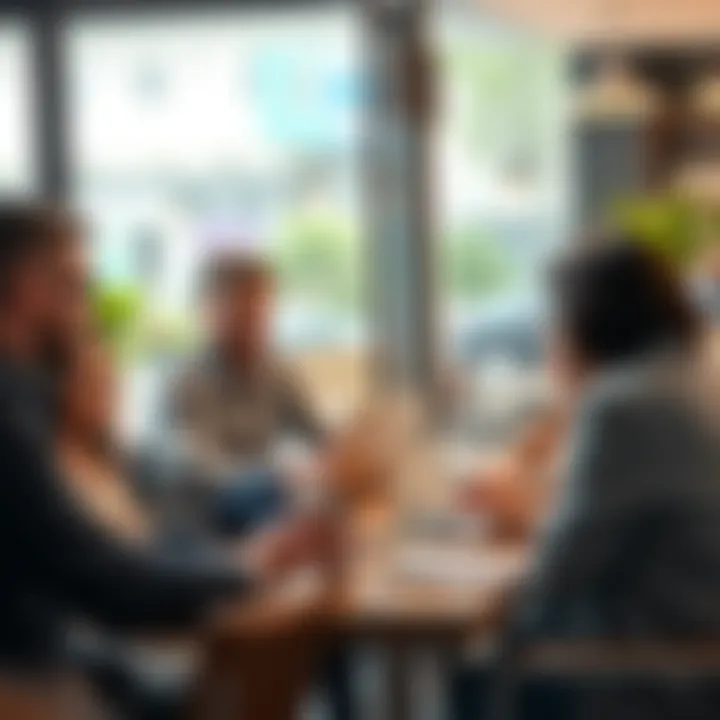 A group of people in a coffee shop discussing news and trends, with laptops and notebooks on the table