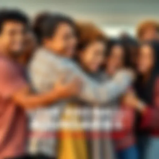 People from different cultures embracing A group of diverse individuals smiling and hugging, representing love that crosses all boundaries.