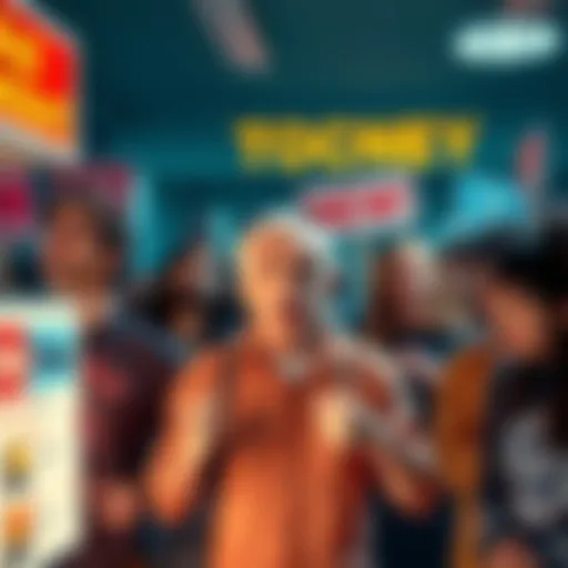 Group of frustrated people mocking auction advertisements for bid tokens, showing signs of discontent and confusion over high prices and unclear rules.
