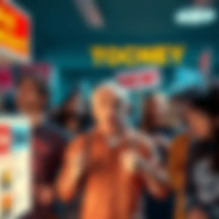 Group of frustrated people mocking auction advertisements for bid tokens, showing signs of discontent and confusion over high prices and unclear rules.