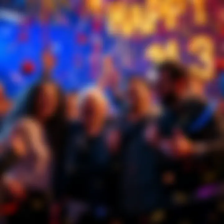 A group of happy people celebrating together, with confetti and decorations, expressing excitement for the upcoming year.