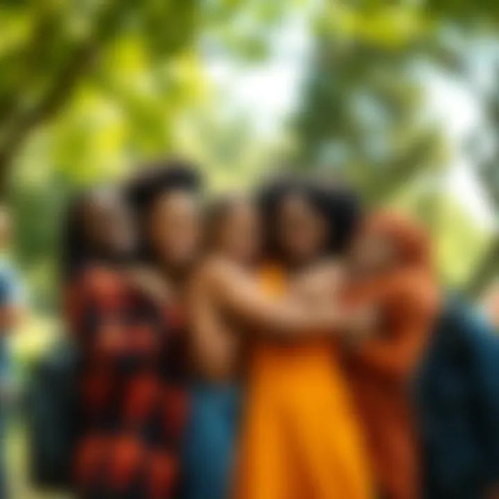 A diverse group of people smiling and embracing each other, symbolizing community support and resilience after the pandemic, outdoors in a sunny park.
