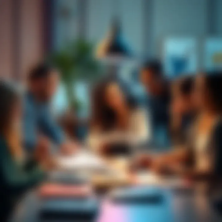 A group of people sharing ideas and brainstorming on new projects around a table