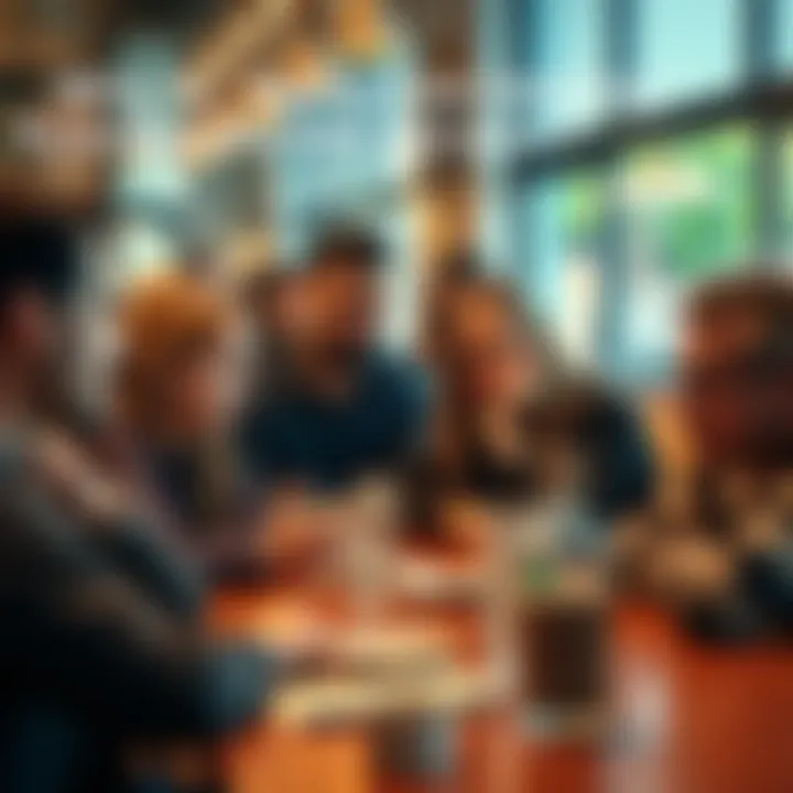 A group of people in a cafe sharing their worries about the future and finances, some looking thoughtful and concerned.