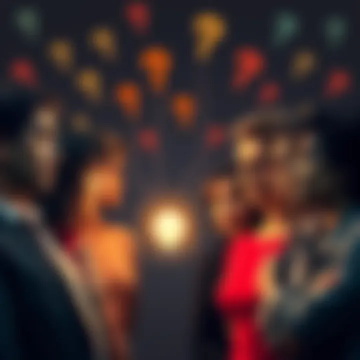 A group of diverse people engaged in a deep conversation, expressing different opinions and emotions, surrounded by thought-provoking symbols like question marks and light bulbs.