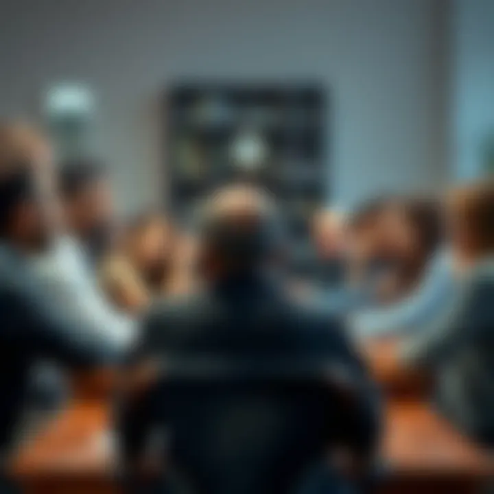A diverse group of people sitting around a table, actively discussing important topics, showing various expressions of interest and concern.