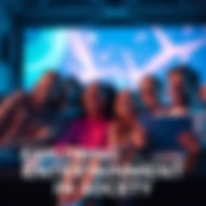 A group of friends watching a movie and sharing laughter, showing the influence of entertainment on social interactions