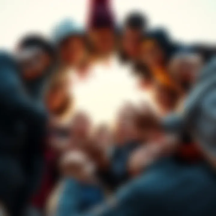 A diverse group of people smiling and holding hands in a circle, symbolizing unity and support.