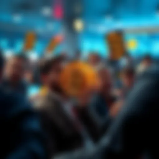 A group of people eagerly trading Bitcoin at a crowded meeting, some looking anxious while others appear excited about the potential investments.