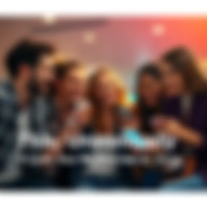 A group of friends laughing together while reading ironic social media posts on their phones, showcasing modern humor.