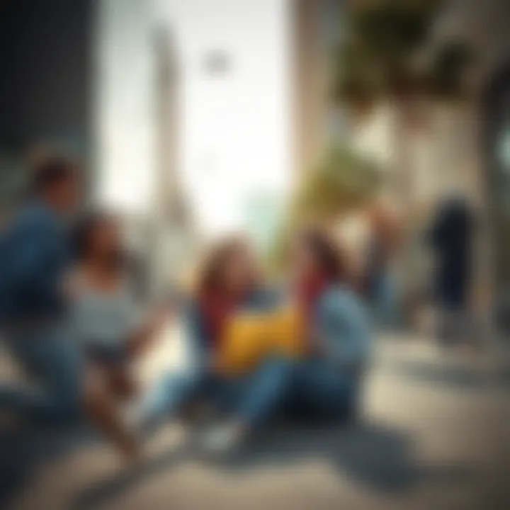 People laughing at a mishap A group of friends laughing together after a funny slip on the sidewalk