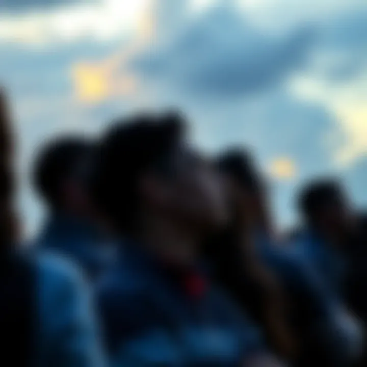 A group of people gazing at a cloudy sky, reflecting uncertainty and contemplation about the future.