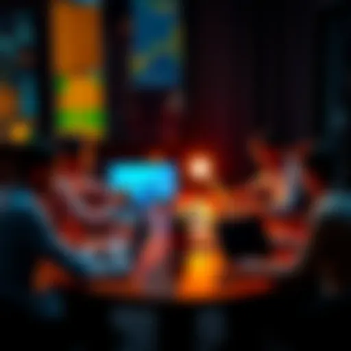 A group of people discussing their cryptocurrency investments at a table with laptops and charts