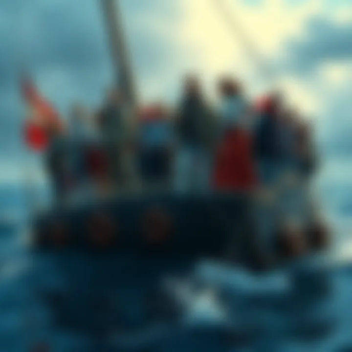 A diverse group of individuals standing together on a ship as it sinks, showing determination and loyalty despite the challenges faced.
