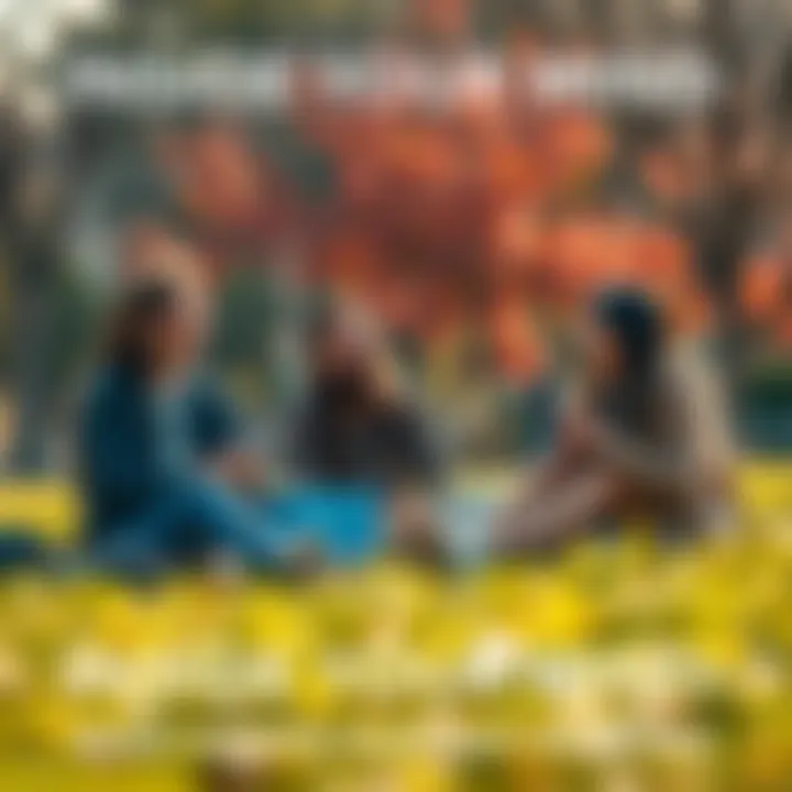 A group of friends relaxing in a park, chatting and laughing during their break from work