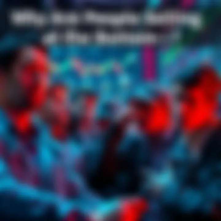 A group of anxious people looking at stock market charts, with some showing signs of stress while deciding to sell their investments during a market dip.