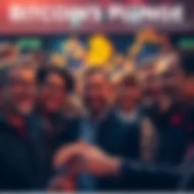 A group of people smiling and discussing Bitcoin charts as the value declines.