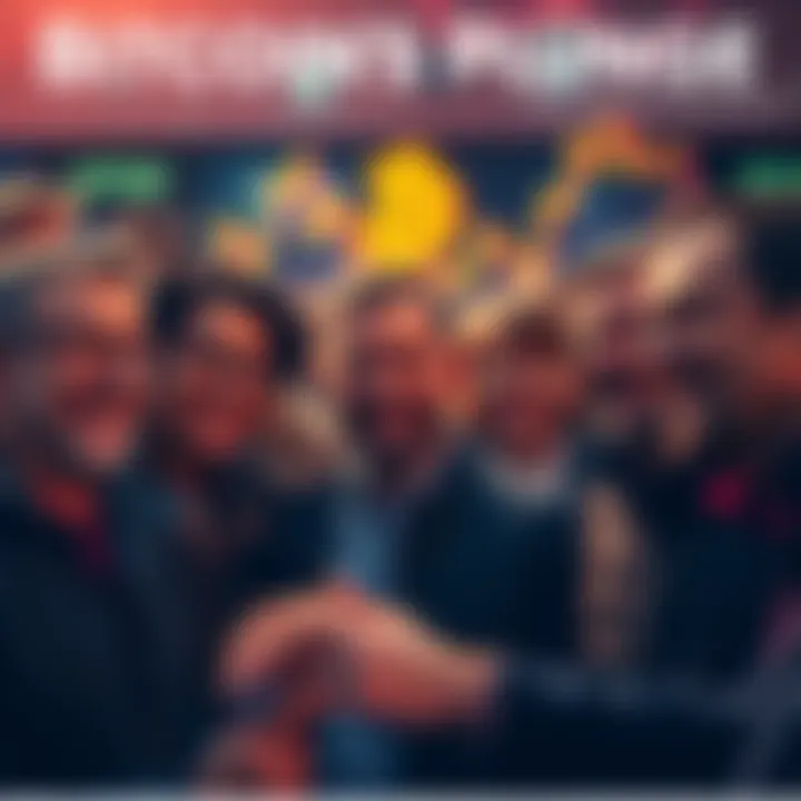 A group of people smiling and discussing Bitcoin charts as the value declines.
