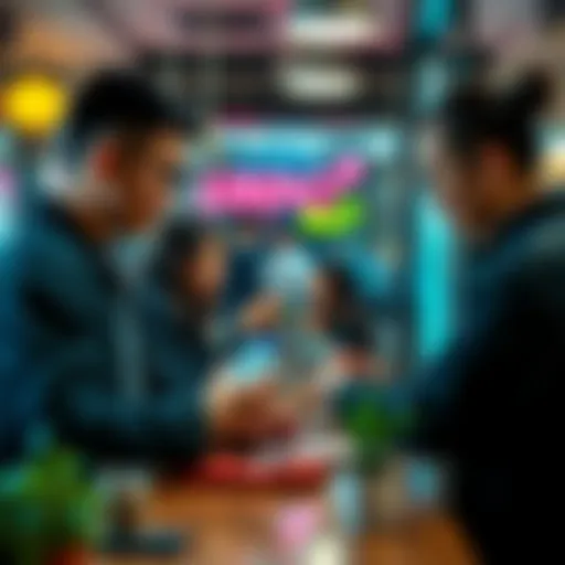 A group of people at a café paying with a mobile app showing USDC on their phones, highlighting modern payment methods for everyday expenses.
