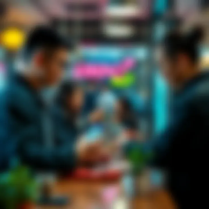 A group of people at a café paying with a mobile app showing USDC on their phones, highlighting modern payment methods for everyday expenses.