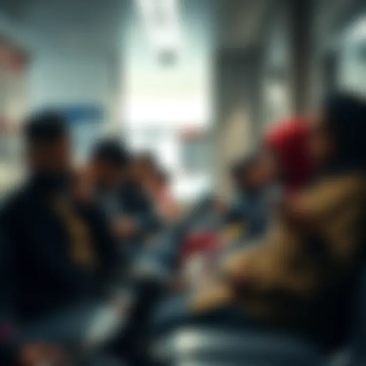 A group of people sitting in a waiting area at an immigration office, looking anxious and checking their phones, reflecting frustration over migration delays.