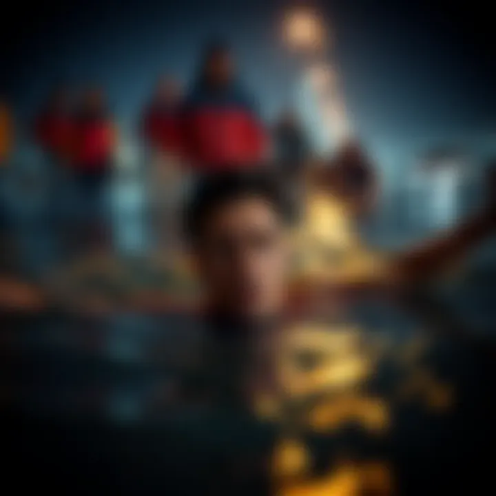 A person struggling in water, almost submerged, with concerned bystanders nearby