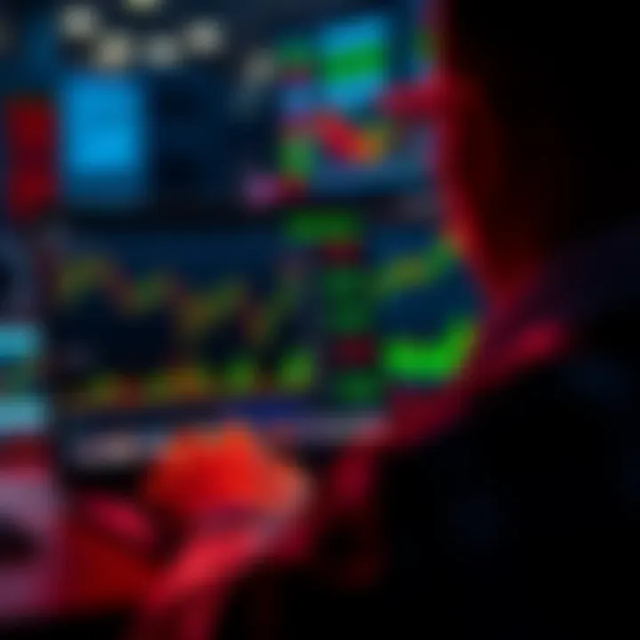 A person looking at a laptop screen displaying stock market graphs with red and green charts indicating market fluctuations.
