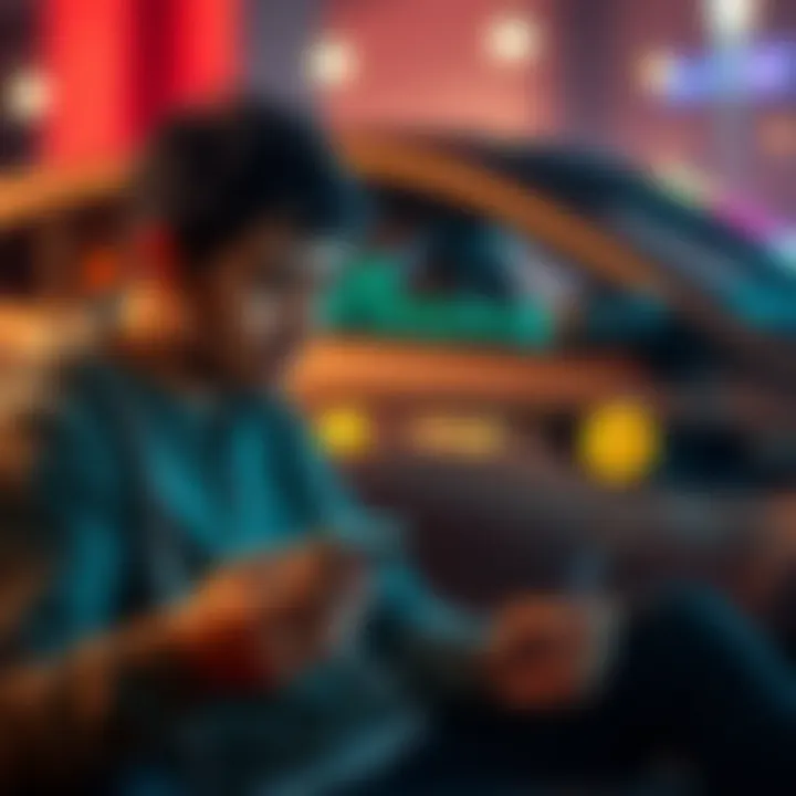 Person contemplating Bitcoin investment A person sitting with a worried expression, looking at a smartphone displaying a Bitcoin price chart, with a sold car in the background.