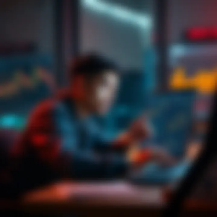 A person sitting at a desk, looking thoughtfully at a laptop displaying cryptocurrency charts, with a concerned expression.