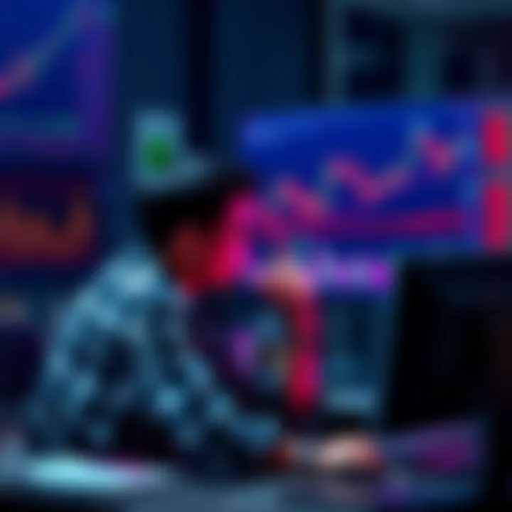 Person contemplating selling cryptocurrency A person sitting at a desk looking at cryptocurrency charts on a computer screen, deep in thought about when to sell their holdings.
