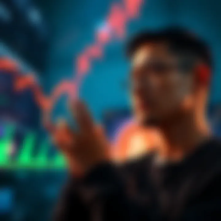 Individual reflecting on cryptocurrency losses with a sad expression while observing a graph showing a drop in value