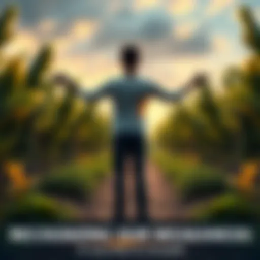 Person embracing their weaknesses A person standing on a path with open arms, accepting their flaws, surrounded by plants symbolizing growth.