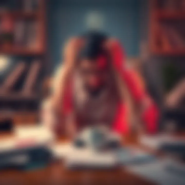 A person showing signs of exhaustion, sitting at a desk with their head in their hands, surrounded by papers and a coffee mug