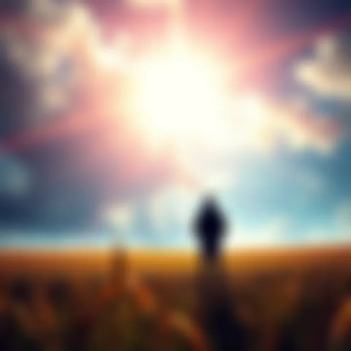 A person standing in a field looking up at a bright light in the sky, conveying a sense of wonder and hope