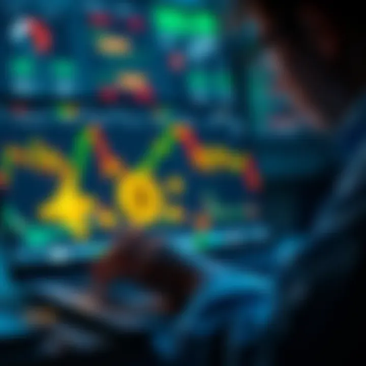 A person studying Bitcoin price charts on a laptop with cryptocurrency coins in view