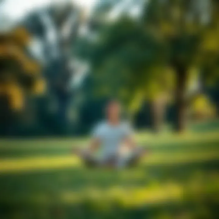 Person meditating in a tranquil park A person sitting cross-legged on the grass, meditating with eyes closed in a peaceful park setting, surrounded by trees and greenery.
