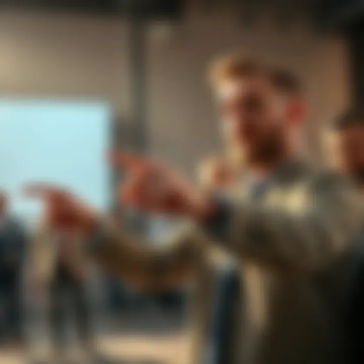 Person pointing to their prediction A person confidently pointing to a prediction with a group of skeptics in the background