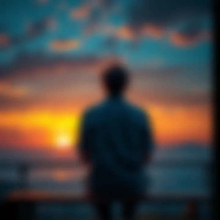 Person pondering life choices A person sitting on a bench looking thoughtful, gazing at the horizon with a sunset in the background, symbolizing reflection on life and mortality.
