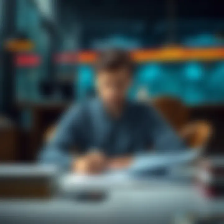 A person sitting at a table, looking confused while considering multiple options on paper.