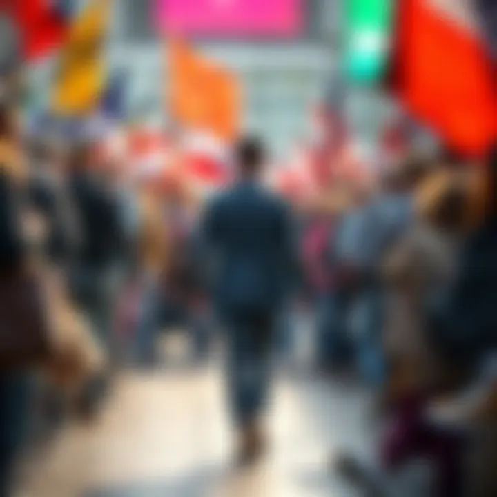 A person confidently walks in the opposite direction of a crowd moving forward, symbolizing contrarian thinking.