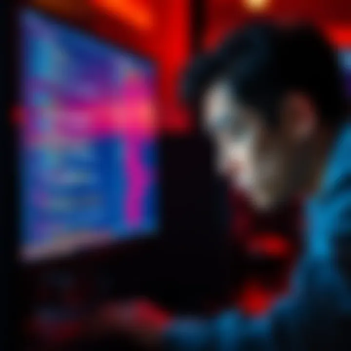 A person looks closely at a computer screen with code and security alerts, showing signs of confusion about a potential hacking attempt.