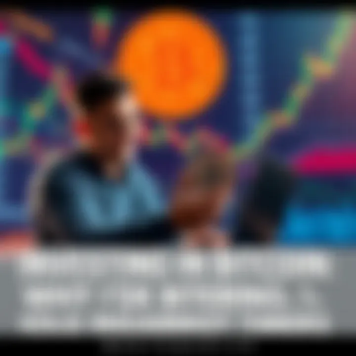 A person confidently purchasing Bitcoin on a laptop, surrounded by financial graphs and charts showing volatility, depicting a long-term investment strategy.