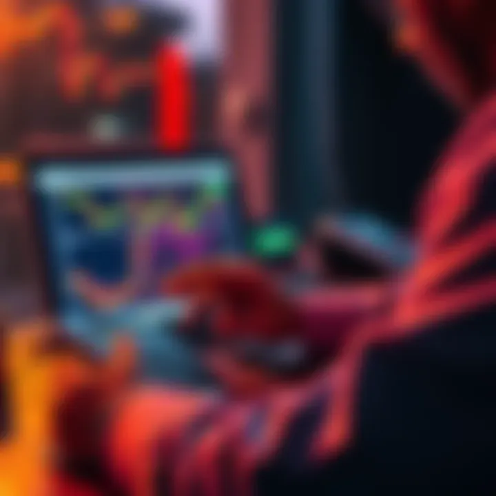 A person looking at a laptop screen showing cryptocurrency charts while calculating profits with a calculator.