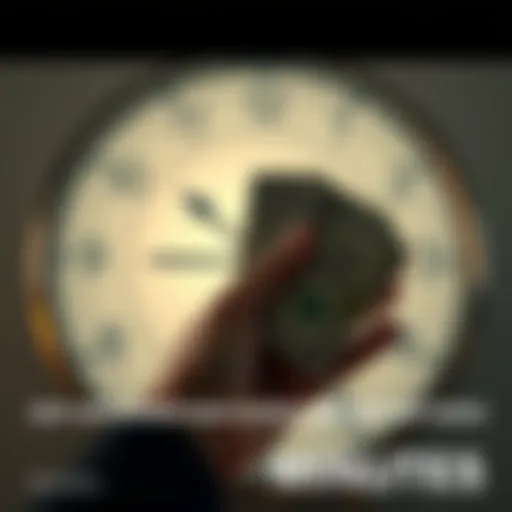A person holding a stack of cash while a clock shows ten minutes in the background, symbolizing quick gains and high value transactions