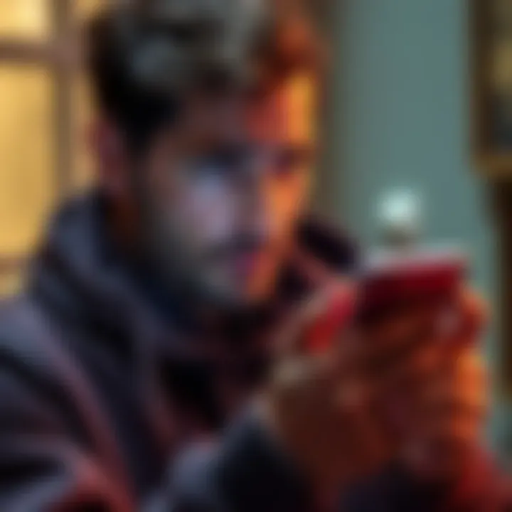 Person Looking Concerned at Banking App A worried person examines their banking app on a smartphone after account closure due to a scam report