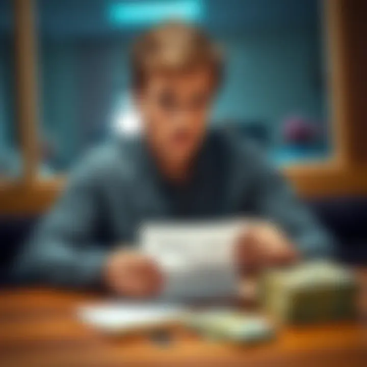 Person considering loan A person sitting at a table, looking thoughtfully at a note that says '$10k Loan for 20% Interest', with a stack of cash nearby.