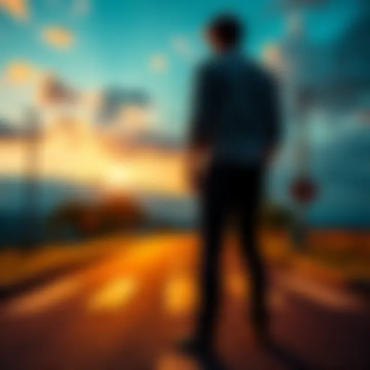 A person looking determinedly at a crossroad, symbolizing a decision point in life, showing a sense of resolution and new beginnings.