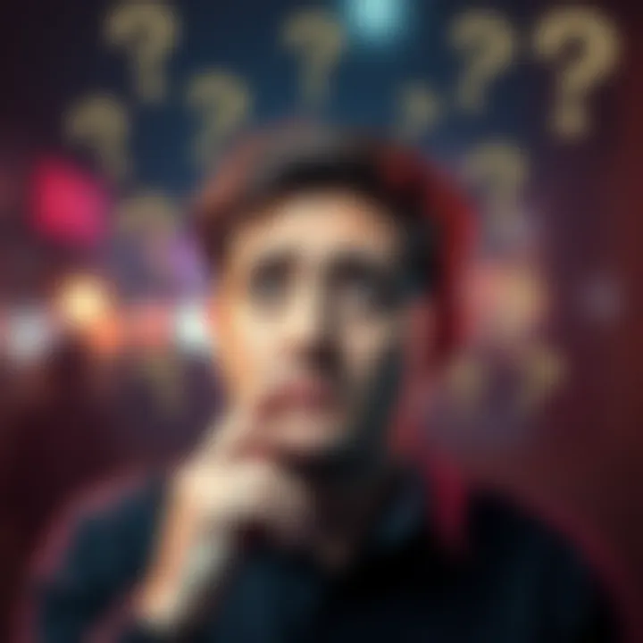 A person looks puzzled while considering a confusing statement, surrounded by question marks, symbolizing uncertainty.