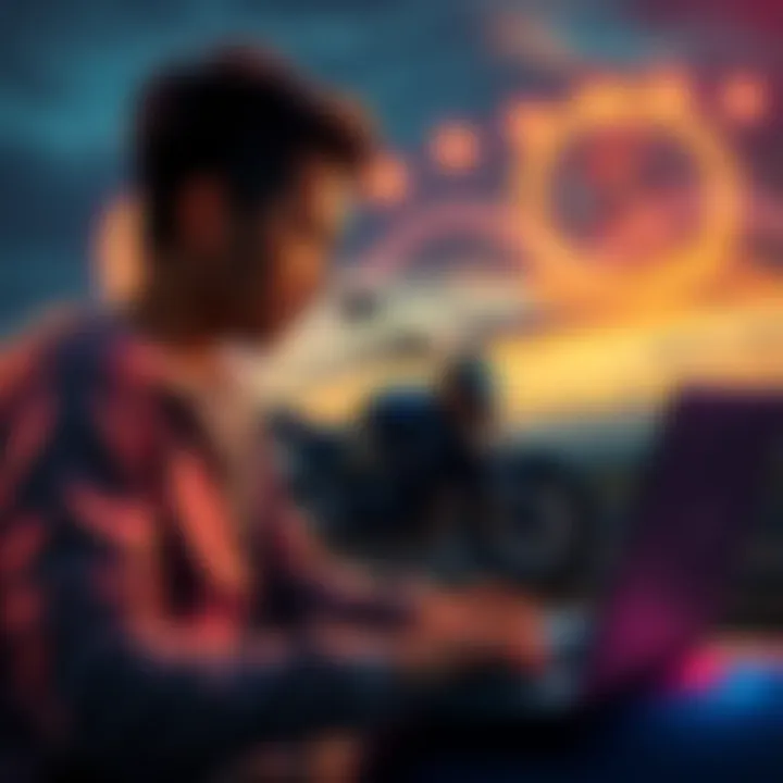 Individual gazing at a motorcycle dream while checking Bitcoin investment on a laptop
