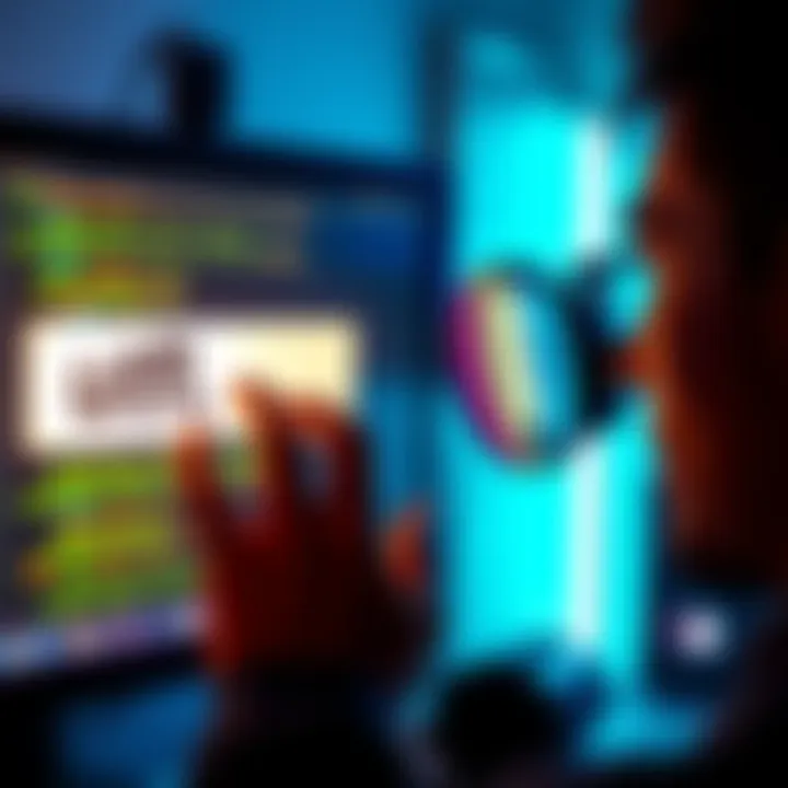 A person looking closely at a computer screen displaying a URL that raises questions about its trustworthiness
